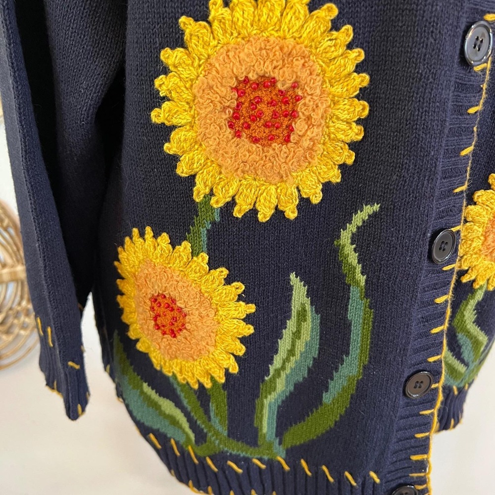 Vintage Navy Blue Cotton Sunflower Embroidered Cardigan Sweater 1X - Picture 4 of 10